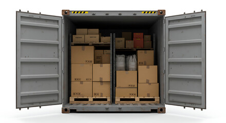 Open Shipping Container Full of Cardboard Boxes and Pallets. Global Cargo, Freight, and Logistics Concept.