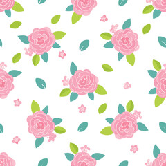 Soft pink roses and green leafy pattern on a white background

