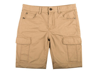Khaki cargo shorts on a flat surface. Suitable for summer fashion, travel blogs, adventure gear, outdoor activities, and casual wear concepts.