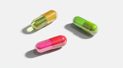 Three glossy capsule-shaped tablets with translucent shells in red, golden, and green colors lie on a white surface,