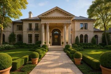 Spectacular luxury mansion with manicured gardens and grand architectural entrance portico