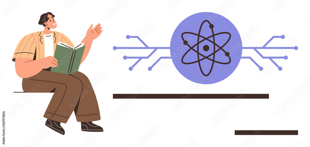 Poster person reading book and gesturing near atom graphic representing science and learning. ideal for edu