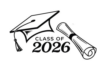 Graduation cap and diploma scroll with class of 2026 text black and white illustration