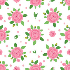 Soft pink roses and green leafy pattern on a white background

