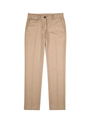 Pair of beige colored casual womens pants, suitable for fashion blogs, clothing advertisements, ecommerce websites, and lifestyle magazines.