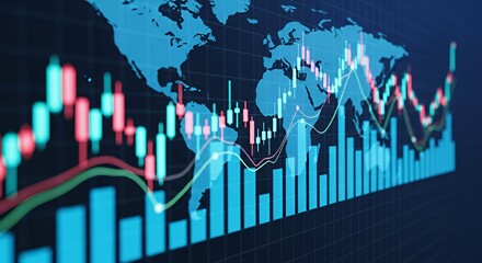 Global Financial Data Chart Showing Stock Market Trends and Graphs on World Map