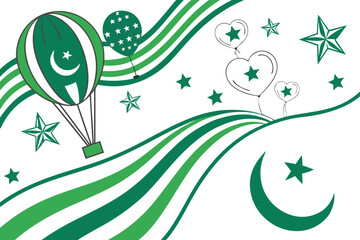 Pakistan Independence Day celebration design with green and white balloons stars crescent and stripes background illustration