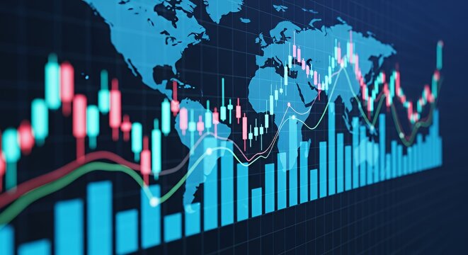 Global Financial Data Chart Showing Stock Market Trends and Graphs on World Map - Powered by Adobe
