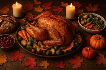 Heritage turkey feast centerpiece with seasonal autumn vegetables and rustic farmhouse table setting