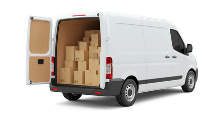 Isolated White Delivery Van with Open Back, Full of Shipping Boxes on White Background