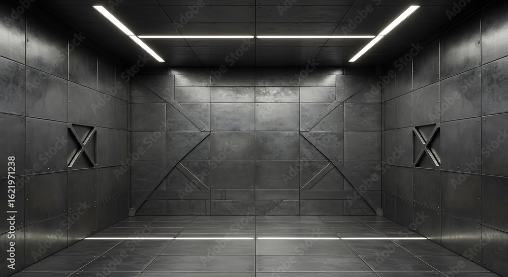 Poster empty square room with texture of metal tiles with a lattices on wall