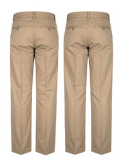 Back of two tan cotton pants. Suitable for fashion blogs, clothing websites, and promotional materials for casual wear brands.