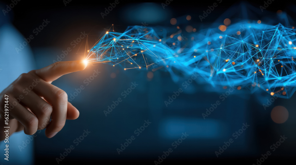 Poster touching technology digital connection innovation futuristic abstract glowing lines network interact