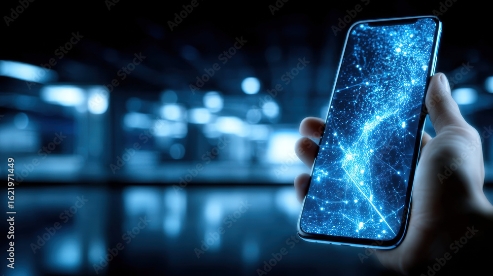 Poster hand holding smartphone displaying glowing digital network, symbolizing technology and connectivity 
