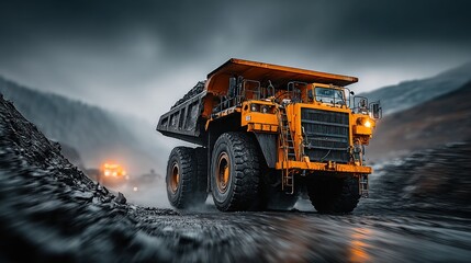 Mining truck on a dark, wet road