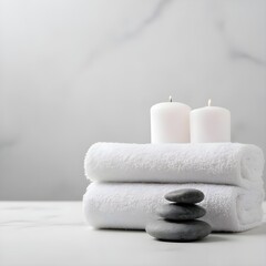 Minimalist Spa Décor Composition with Candles and Zen Stones for Wellness Branding