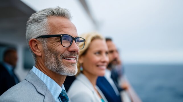 High-Level Executive Meeting Aboard Luxury Cruise Ship with Panoramic Ocean View, Discussing Long-Term Growth Strategies
