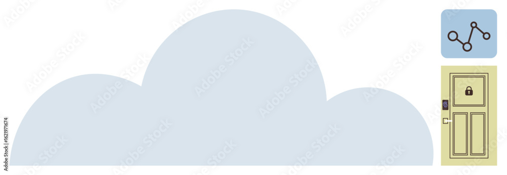 Poster large cloud shape alongside secured door and analytics icon emphasizing data storage, security, and 