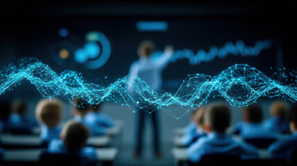 Educator demonstrates advanced technology in classroom setting, engaging students with interactive visuals and data analysis, creating inspiring learning environment