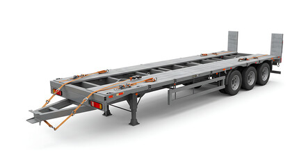 Empty Flatbed Semi-Trailer for Commercial Cargo Transport. Heavy Duty Logistics and Haulage Equipment on White Background.