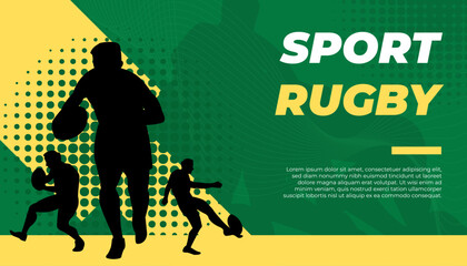 Rugby Sport Banner with Silhouette Athletes and Halftone Background