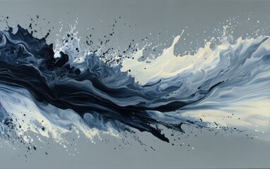 Abstract wave painting in shades of grey, blue, and white