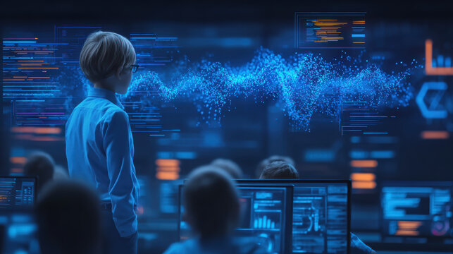 Young student observes digital classroom filled with advanced technology and data visualizations, showcasing futuristic learning environment. atmosphere is engaging and inspiring, highlighting