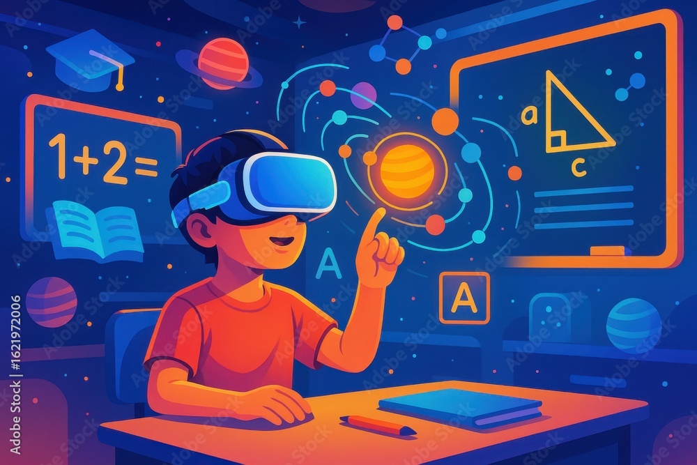 Poster young student exploring immersive educational virtual reality experience in colorful digital learnin
