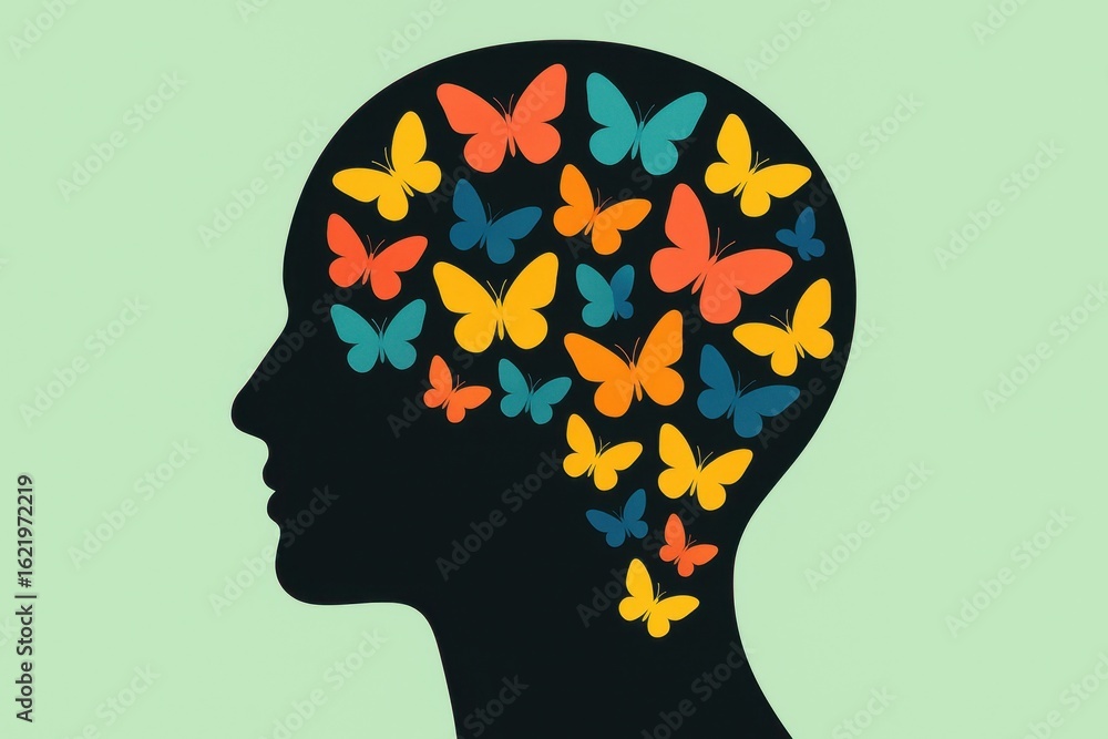 Poster artistic representation of neurodiversity using colorful butterfly brain composition