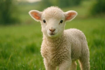 Obraz premium Adorable Young Lamb in Natural Pastoral Meadow Setting with Soft Morning Light
