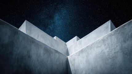Geometric concrete wall structure against a night sky.