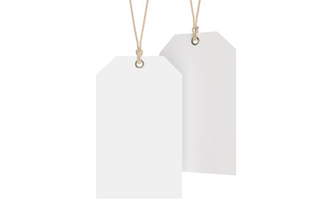 3D blank cardboard paper hang tags, price tags or cloth labels mockup with string isolated on...