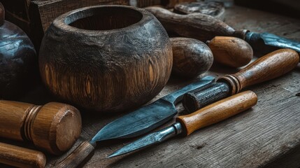 Wooden bowl and tools on a workbench.