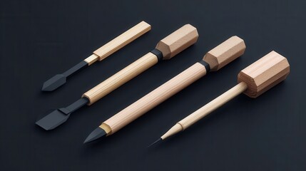 Set of wooden tools with dark accents.