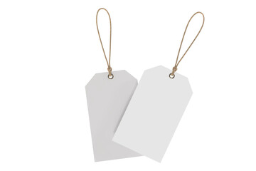 3D blank cardboard paper hang tags, price tags or cloth labels mockup with string isolated on background. Tag realistic template for presents branding, shopping label, wedding tag, gift tag, souvenir