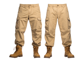 Two khaki cargo pants legs with brown work boots. Suitable for fashion, outdoor work, industrial lifestyle, and the construction industry.