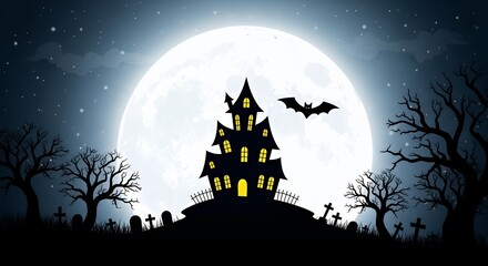 Fototapeta premium Spooky Haunted House Under Full Moon with Bats and Bare Trees in Night Scene
