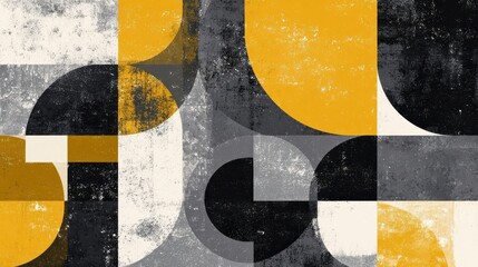 Abstract geometric shapes in mustard yellow, black, and gray.