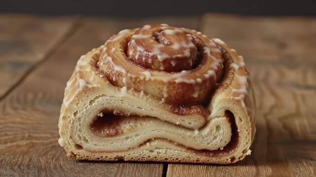 Delicious Cinnamon Roll with White Glaze on Rustic Wood Table Top Close Up Shot Perfect for Bakery Pastry and Pastry Promotion and Decoration Concept