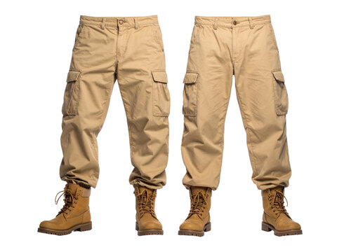 Two khaki cargo pants legs with brown work boots. Suitable for fashion, outdoor work, industrial lifestyle, and the construction industry.