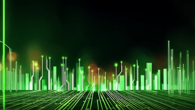 Futuristic Cityscape Digital Landscape of Green Circuit Patterns and Lights, Showcasing Technology and Innovation in Urban Abstract Environment.