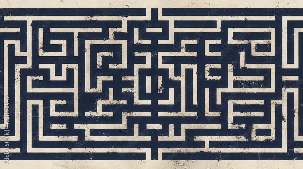 Poster intricate maze pattern on a textured background.