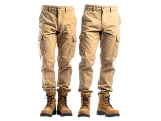 Two pairs of tan cargo pants with tan work boots. Ideal for outdoor, casual, or constructionthemed designs, showcasing two pairs of tan cargo pants and tan work boots.