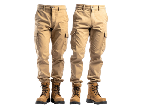 Two pairs of tan cargo pants with tan work boots. Ideal for outdoor, casual, or constructionthemed designs, showcasing two pairs of tan cargo pants and tan work boots. - Powered by Adobe