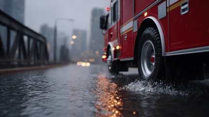 Emergency response action urban street fire truck rainy environment ground level view community safety awareness