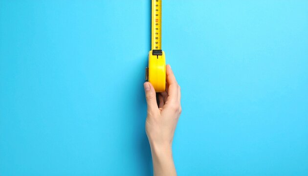 A hand holding a yellow measuring tape against a bright blue background.