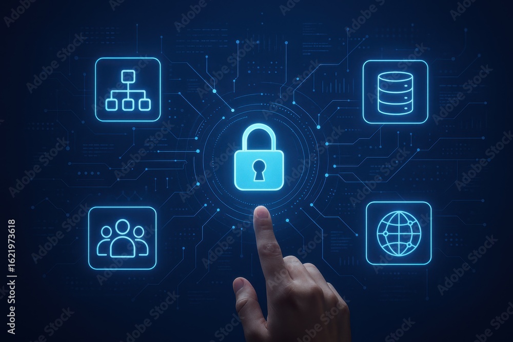 Aufkleber interactive digital interface with glowing technology icons and cloud connectivity visualization