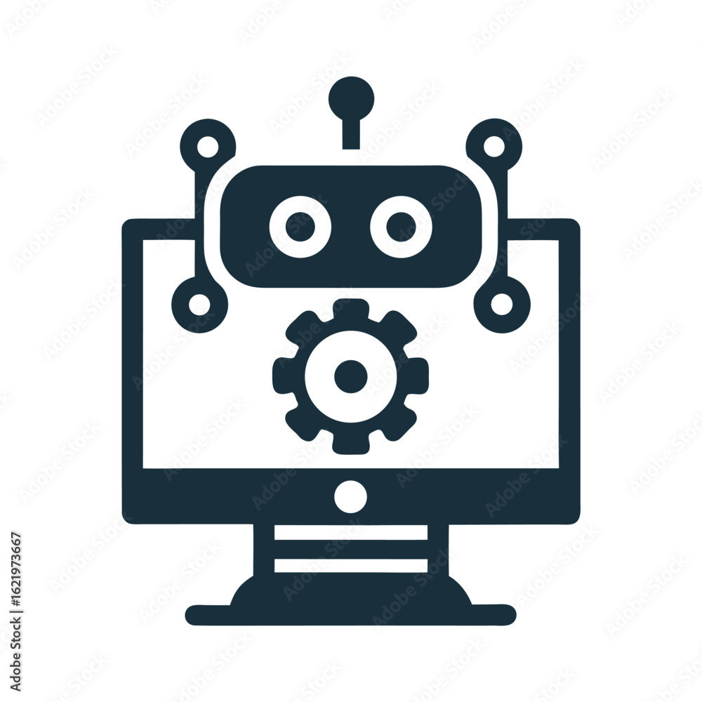 Aufkleber dark blue robot head with gear on computer screen vector icon artificial intelligence