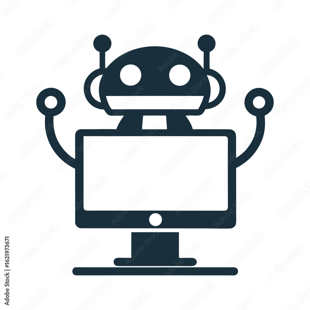 Poster dark blue robot with computer screen and antennas on white background artificial intelligence