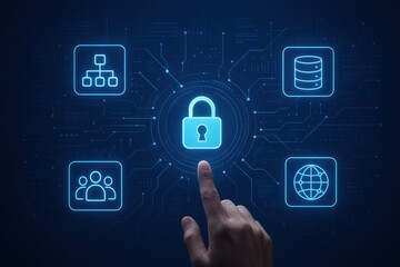 Interactive digital interface with glowing technology icons and cloud connectivity visualization